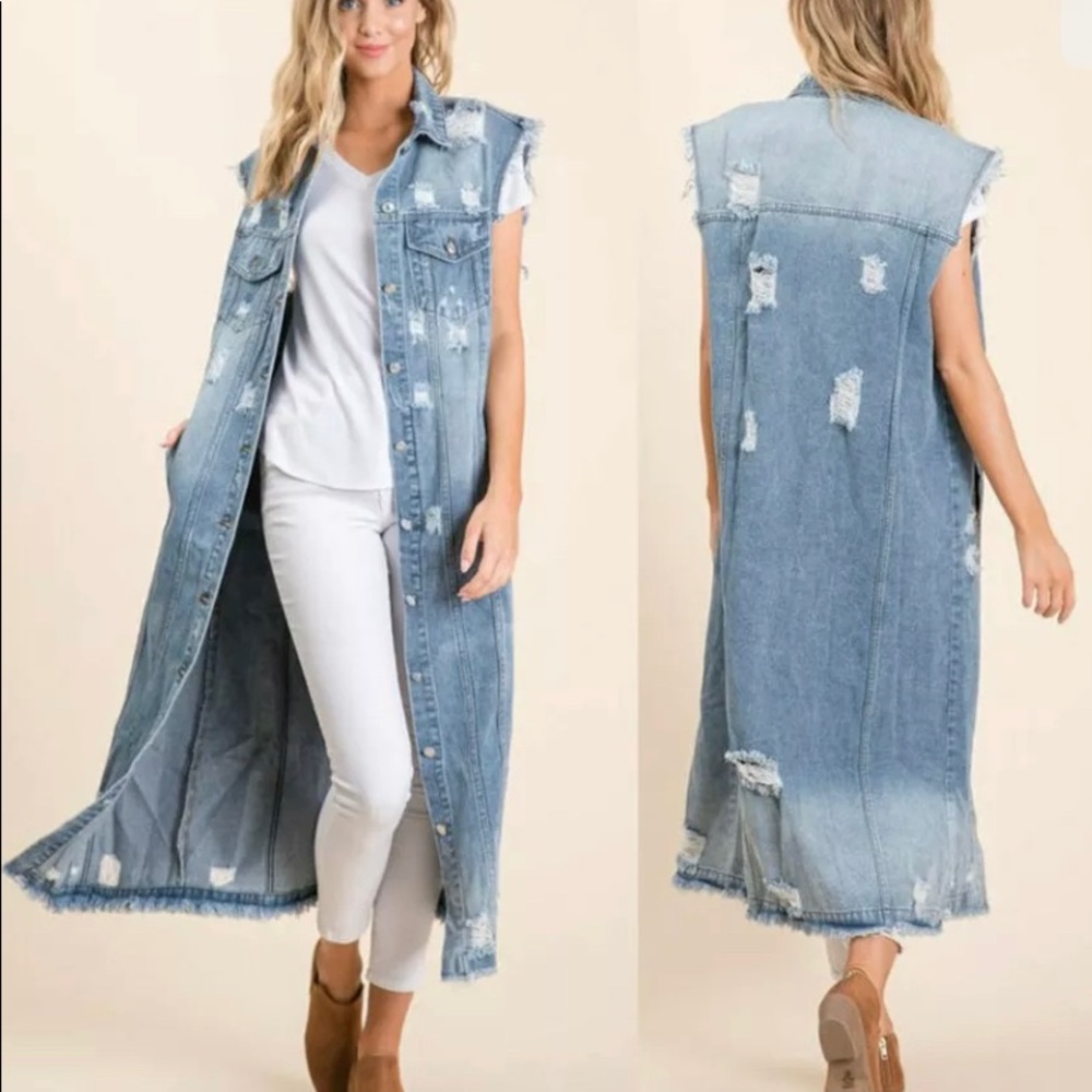 Long distressed denim jacket vest